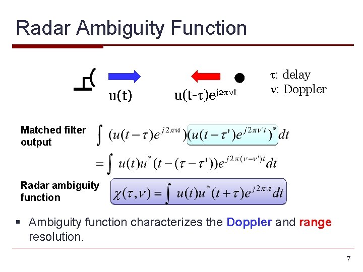 Radar Ambiguity Function u(t) u(t-t)ej 2 pnt t: delay n: Doppler Matched filter output