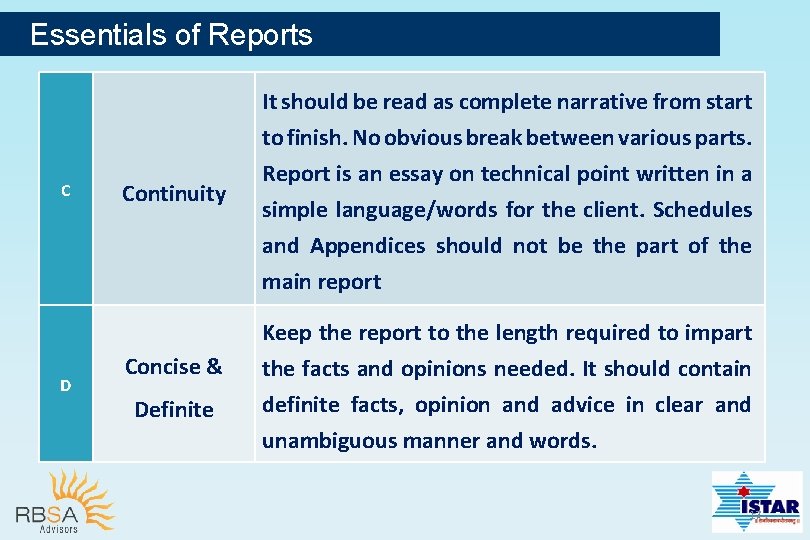 Essentials of Reports C Continuity It should be read as complete narrative from start