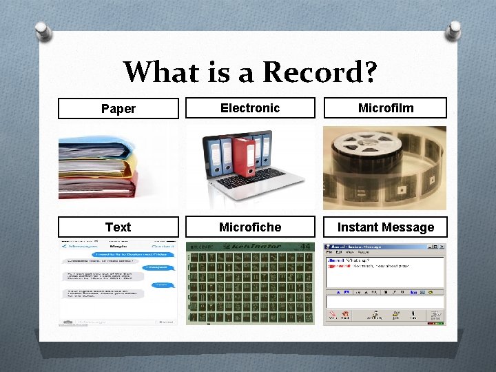 What is a Record? Paper Electronic Microfilm Text Microfiche Instant Message What is a Record? Paper Electronic Microfilm Text Microfiche Instant Message
