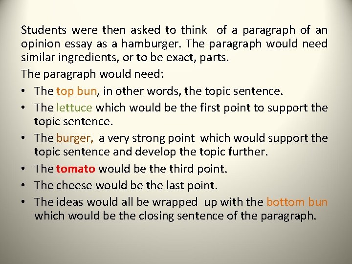 Students were then asked to think of a paragraph of an opinion essay as