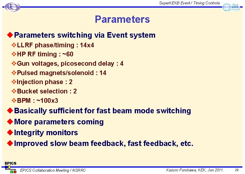 Super. KEKB Event / Timing Controls Parameters u. Parameters switching via Event system v.