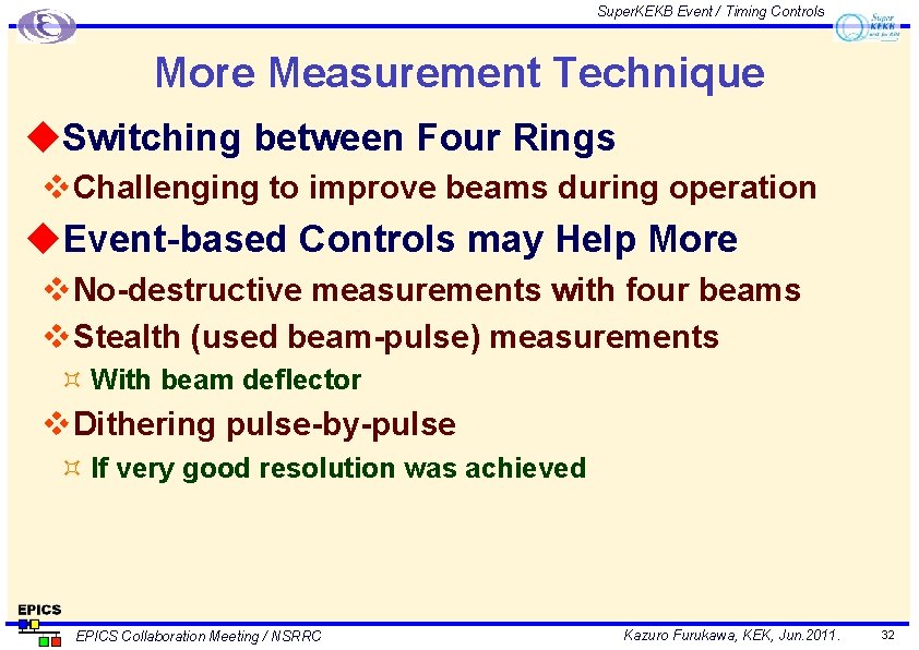 Super. KEKB Event / Timing Controls More Measurement Technique u. Switching between Four Rings