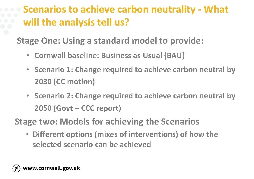 Scenarios to achieve carbon neutrality - What will the analysis tell us? Stage One: