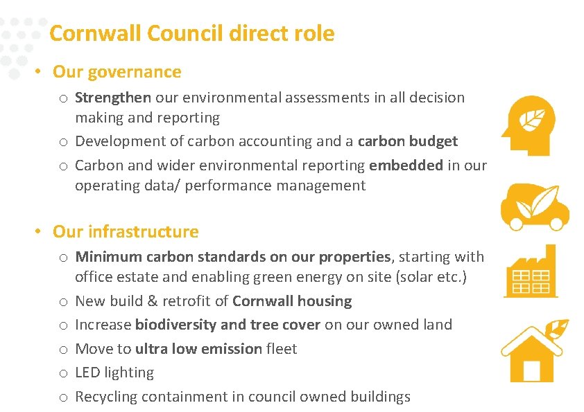 Cornwall Council direct role • Our governance o Strengthen our environmental assessments in all
