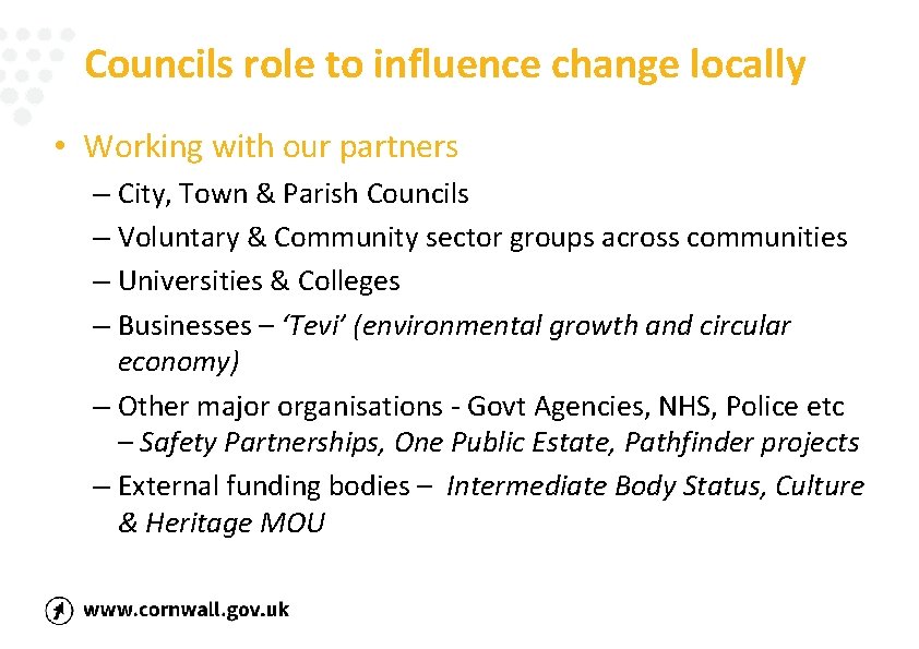 Councils role to influence change locally • Working with our partners – City, Town