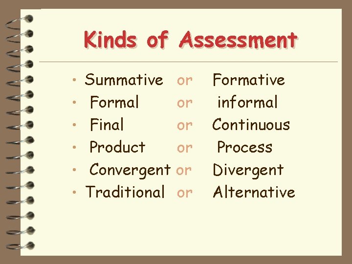 Kinds of Assessment • Summative or • Formal or • Final or • Product