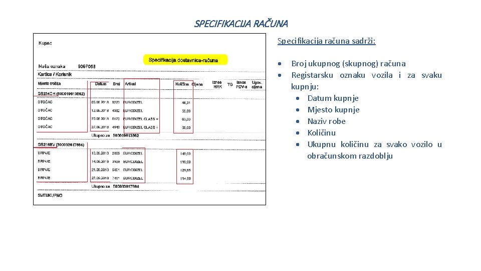 SPECIFIKACIJA RAČUNA Specifikacija računa sadrži: Broj ukupnog (skupnog) računa Registarsku oznaku vozila i za