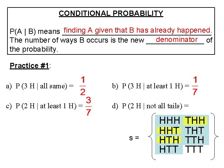 CONDITIONAL PROBABILITY finding A given that B has already happened. P(A | B) means