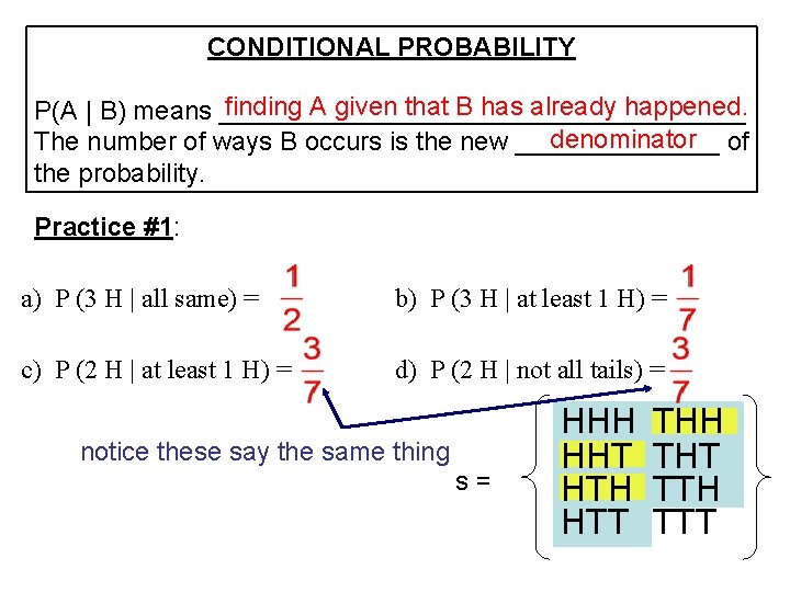 CONDITIONAL PROBABILITY finding A given that B has already happened. P(A | B) means