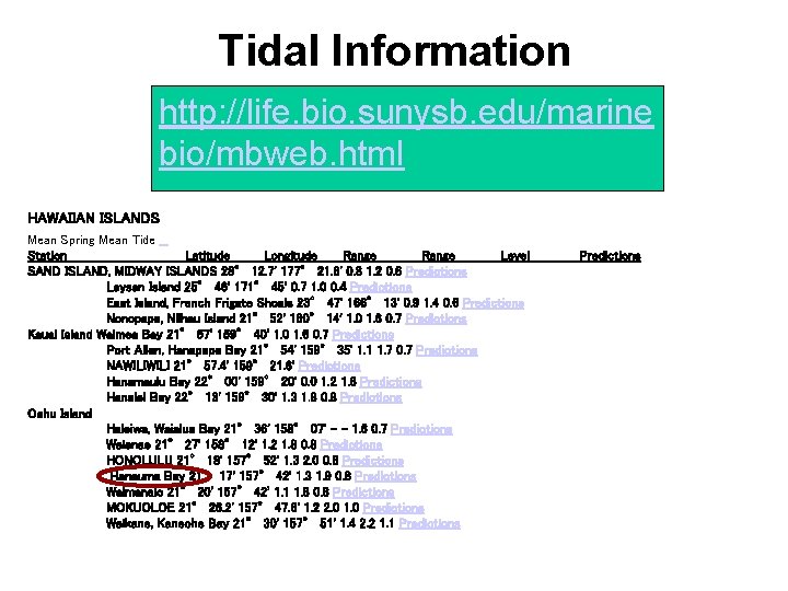 Tidal Information http: //life. bio. sunysb. edu/marine bio/mbweb. html HAWAIIAN ISLANDS Mean Spring Mean