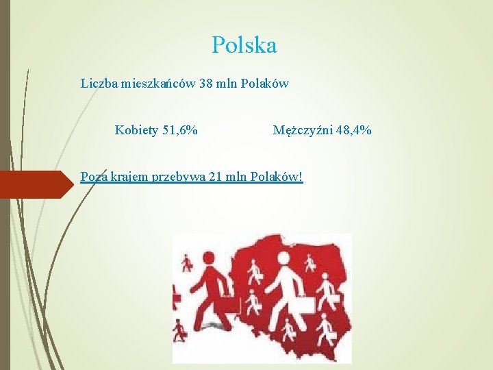 Polska Liczba mieszkańców 38 mln Polaków Kobiety 51, 6% Mężczyźni 48, 4% Poza krajem