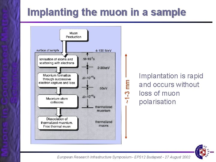 ~1 -3 mm Implanting the muon in a sample Implantation is rapid and occurs