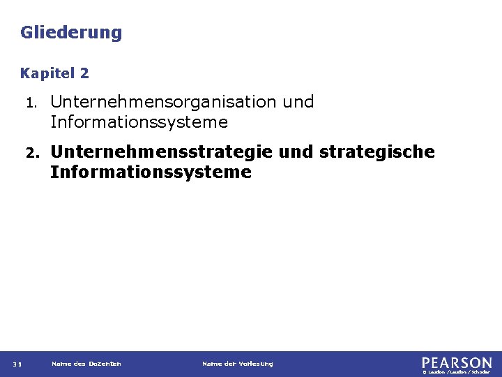 Gliederung Kapitel 2 31 1. Unternehmensorganisation und Informationssysteme 2. Unternehmensstrategie und strategische Informationssysteme Name