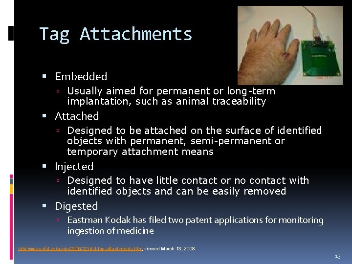 Tag Attachments Embedded Usually aimed for permanent or long-term implantation, such as animal traceability