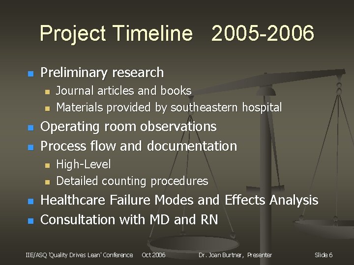 Project Timeline 2005 -2006 n Preliminary research n n Operating room observations Process flow