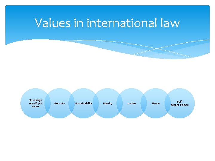 Values in international law Sovereign equality of states Security Sustainability Dignity Justice Peace Selfdetermination