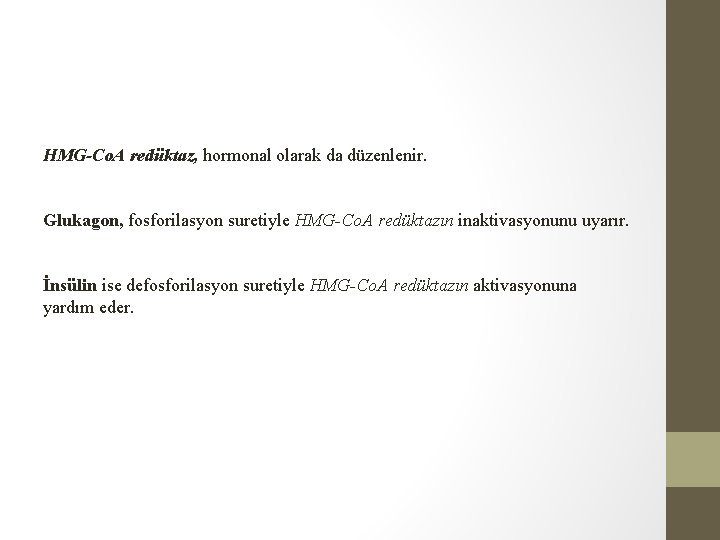 HMG-Co. A redüktaz, hormonal olarak da düzenlenir. Glukagon, fosforilasyon suretiyle HMG-Co. A redüktazın inaktivasyonunu