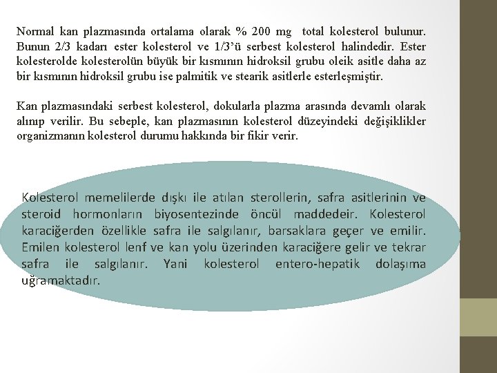 Normal kan plazmasında ortalama olarak % 200 mg total kolesterol bulunur. Bunun 2/3 kadarı