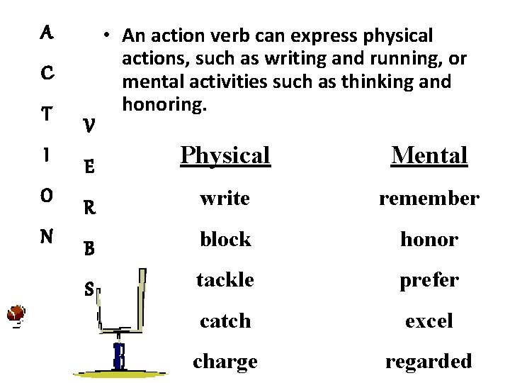 A C T I O N V • An action verb can express physical