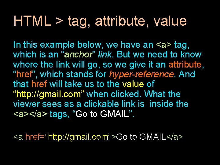 HTML > tag, attribute, value In this example below, we have an <a> tag, HTML > tag, attribute, value In this example below, we have an <a> tag,