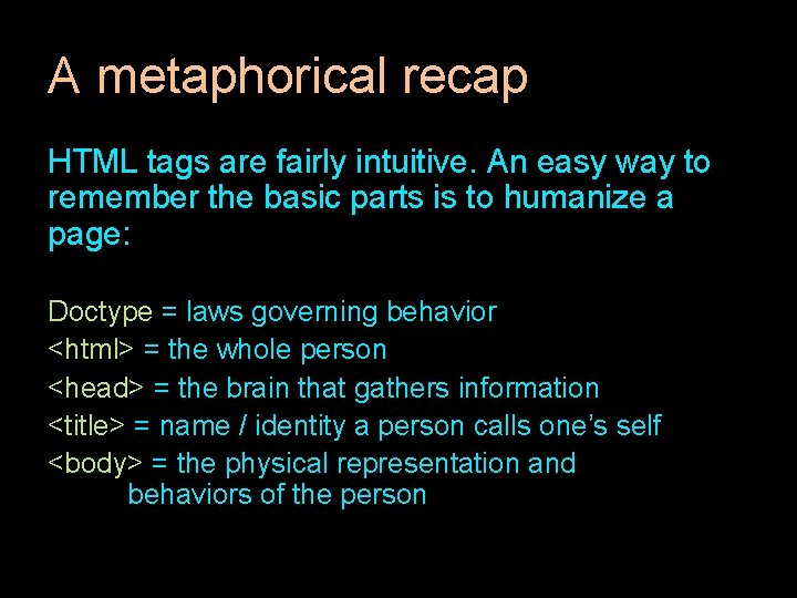 A metaphorical recap HTML tags are fairly intuitive. An easy way to remember the A metaphorical recap HTML tags are fairly intuitive. An easy way to remember the