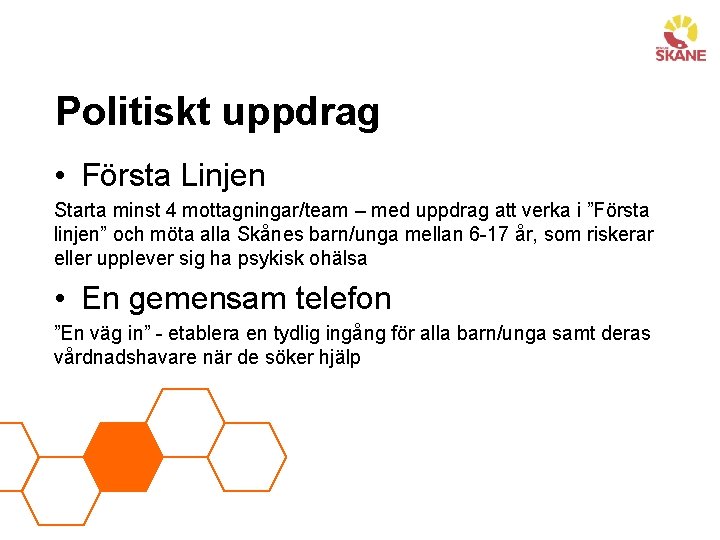 Politiskt uppdrag • Första Linjen Starta minst 4 mottagningar/team – med uppdrag att verka