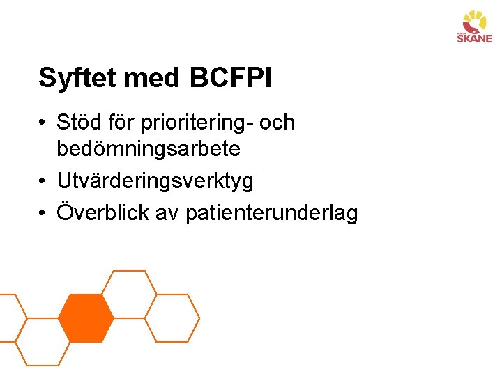 Syftet med BCFPI • Stöd för prioritering- och bedömningsarbete • Utvärderingsverktyg • Överblick av