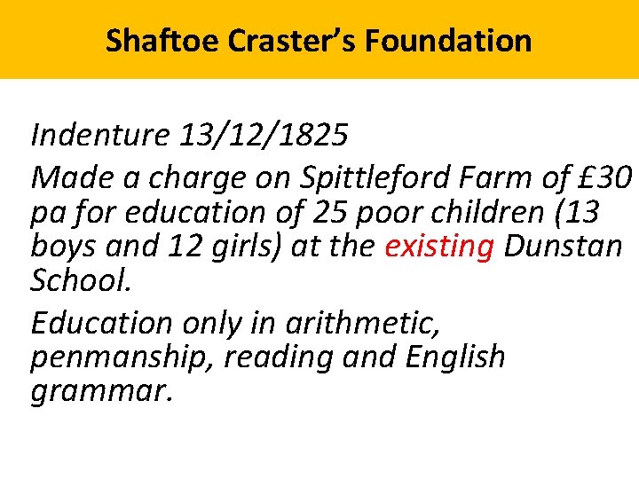 Shaftoe Craster’s Foundation Indenture 13/12/1825 Made a charge on Spittleford Farm of £ 30