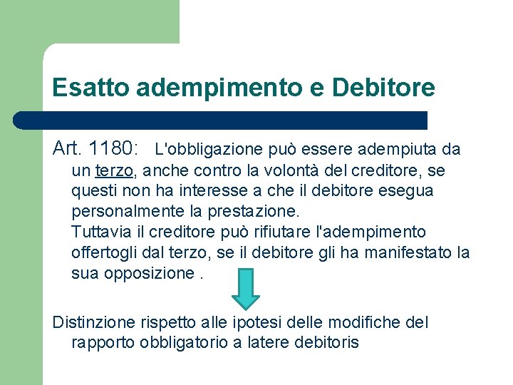 Esatto adempimento e Debitore Art. 1180: L'obbligazione può essere adempiuta da un terzo, anche