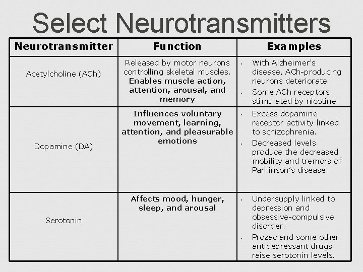 Select Neurotransmitters Neurotransmitter Acetylcholine (ACh) Dopamine (DA) Function Released by motor neurons controlling skeletal