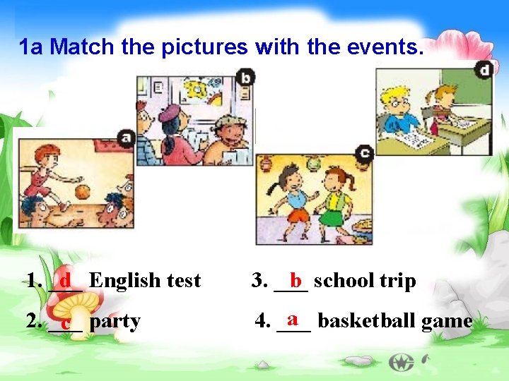 1 a Match the pictures with the events. 1. ___ d English test 3.