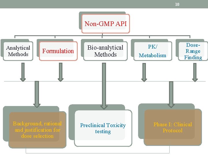 10 Non-GMP API Analytical Methods Formulation Background, rational and justification for dose selection Bio-analytical