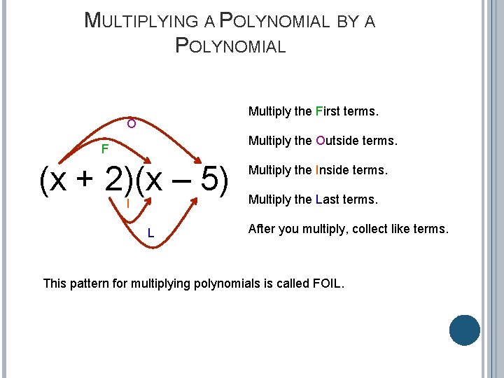 MULTIPLYING A POLYNOMIAL BY A POLYNOMIAL Multiply the First terms. O Multiply the Outside