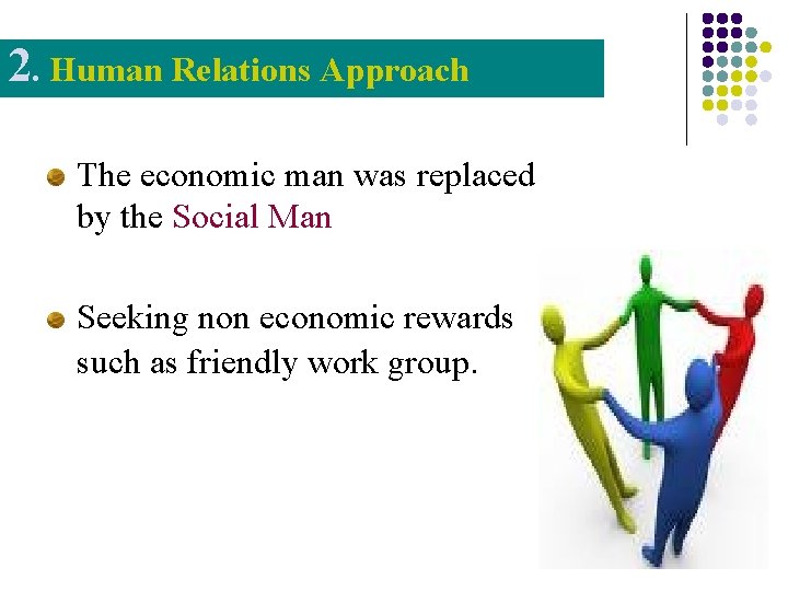 2. Human Relations Approach The economic man was replaced by the Social Man Seeking