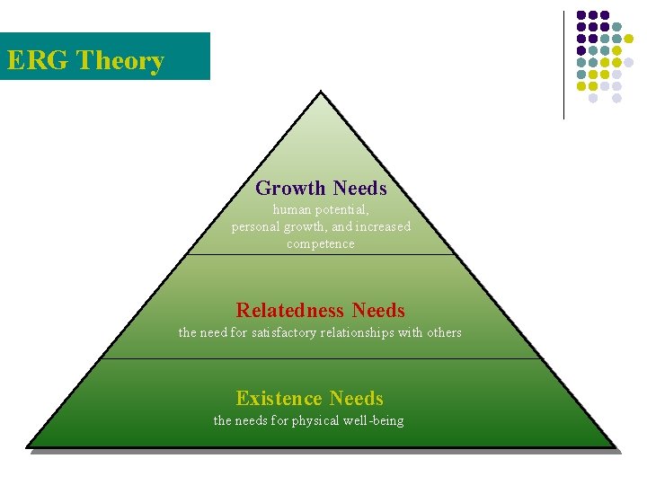 ERG Theory Growth Needs human potential, personal growth, and increased competence Relatedness Needs the