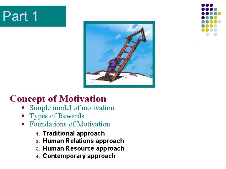 Part 1 Concept of Motivation § Simple model of motivation. § Types of Rewards