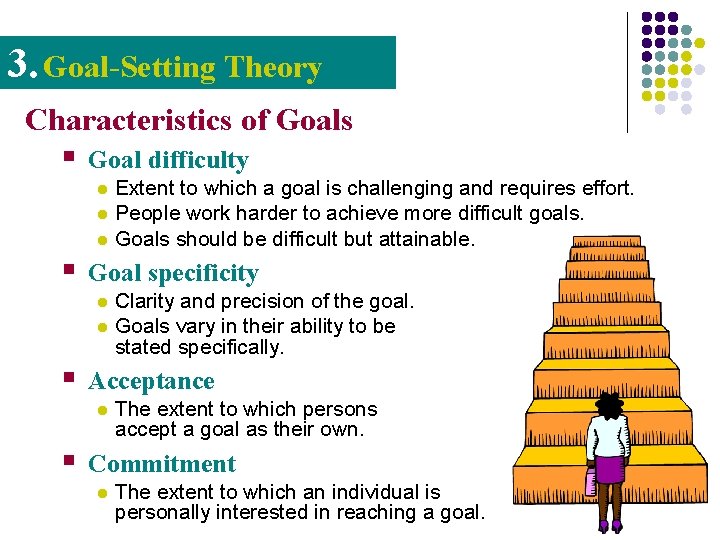 3. Goal-Setting Theory Characteristics of Goals § Goal difficulty l l l § Goal