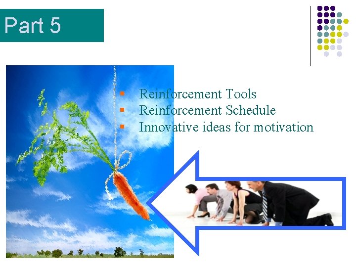 Part 5 § § § Reinforcement Tools Reinforcement Schedule Innovative ideas for motivation 