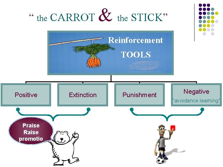 “ the CARROT & the STICK” Reinforcement TOOLS Reinforcement tools Positive Praise Raise promotio