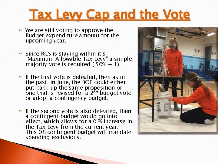 Tax Levy Cap and the Vote We are still voting to approve the Budget