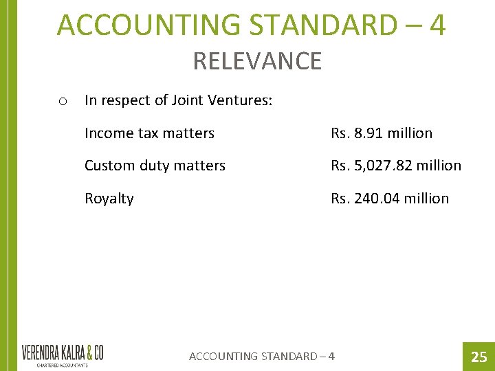 ACCOUNTING STANDARD – 4 RELEVANCE o In respect of Joint Ventures: Income tax matters