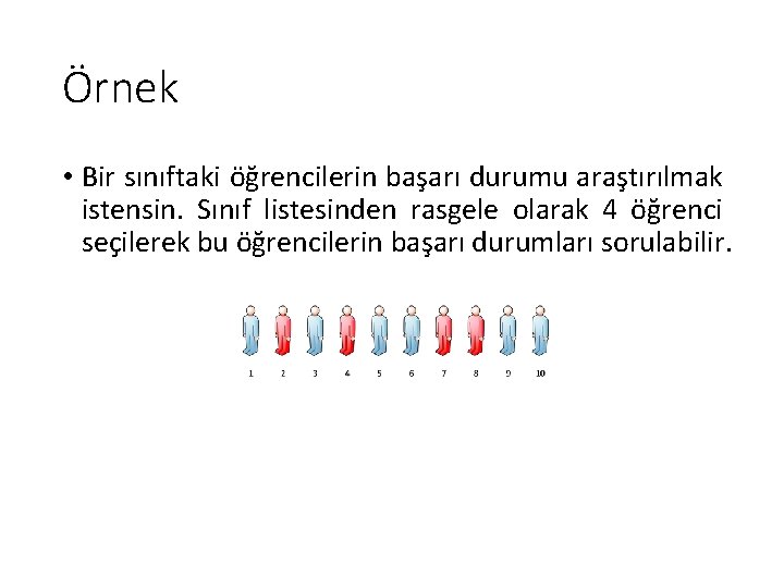 Örnek • Bir sınıftaki öğrencilerin başarı durumu araştırılmak istensin. Sınıf listesinden rasgele olarak 4