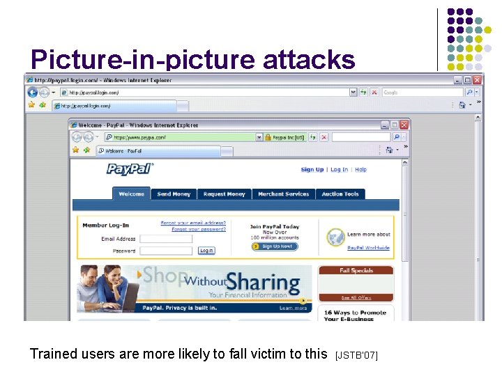 Picture-in-picture attacks Trained users are more likely to fall victim to this [JSTB’ 07]
