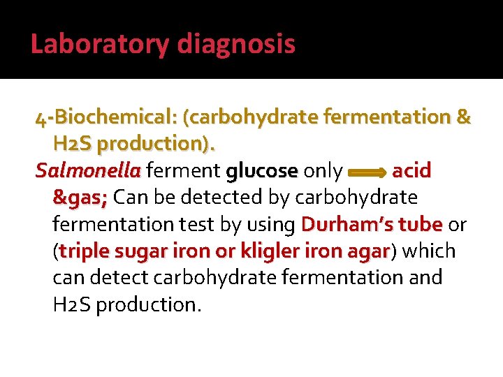 Laboratory diagnosis 4 -Biochemical: (carbohydrate fermentation & H 2 S production). Salmonella ferment glucose