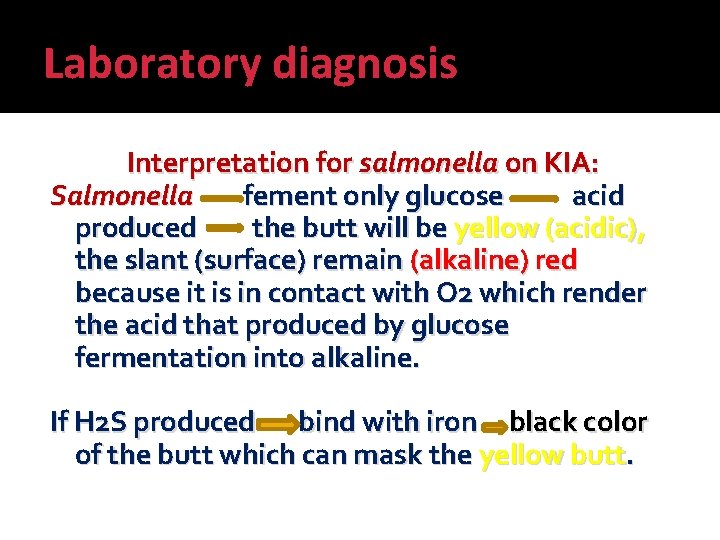 Laboratory diagnosis Interpretation for salmonella on KIA: Salmonella fement only glucose acid produced the