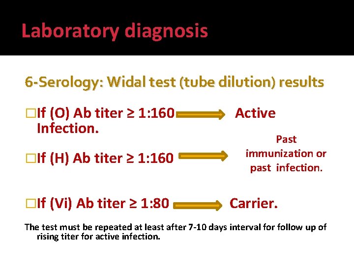Laboratory diagnosis 6 -Serology: Widal test (tube dilution) results �If (O) Ab titer ≥