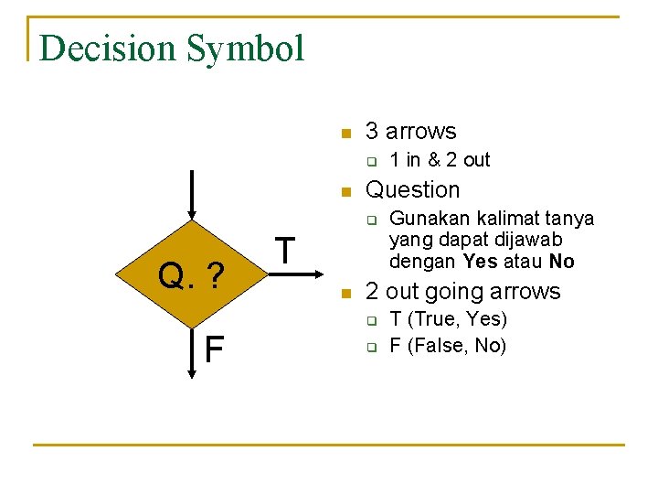 Decision Symbol n 3 arrows q n Question q Q. ? T n Gunakan Decision Symbol n 3 arrows q n Question q Q. ? T n Gunakan