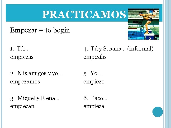 PRACTICAMOS Empezar = to begin 1. Tú… empiezas 4. Tú y Susana… (informal) empezáis