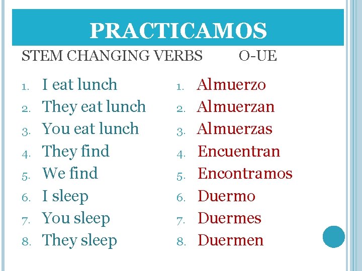 PRACTICAMOS STEM CHANGING VERBS 1. 2. 3. 4. 5. 6. 7. 8. I eat