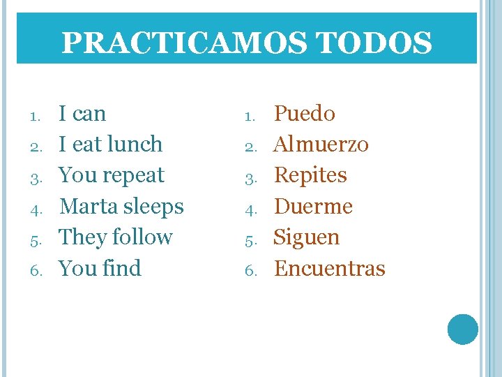 PRACTICAMOS TODOS 1. 2. 3. 4. 5. 6. I can I eat lunch You